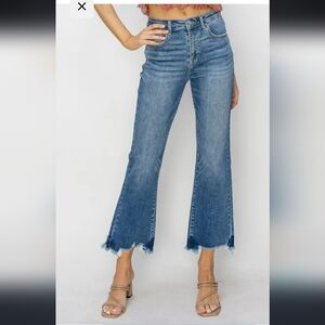 Risen Crop Flare Non Distressed Jeans With Detailed Hem 9/29